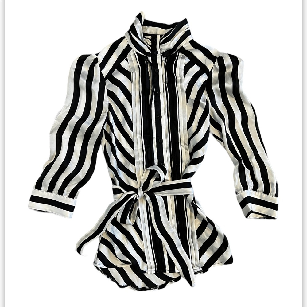 BEBE black and white stripe silk blouse!